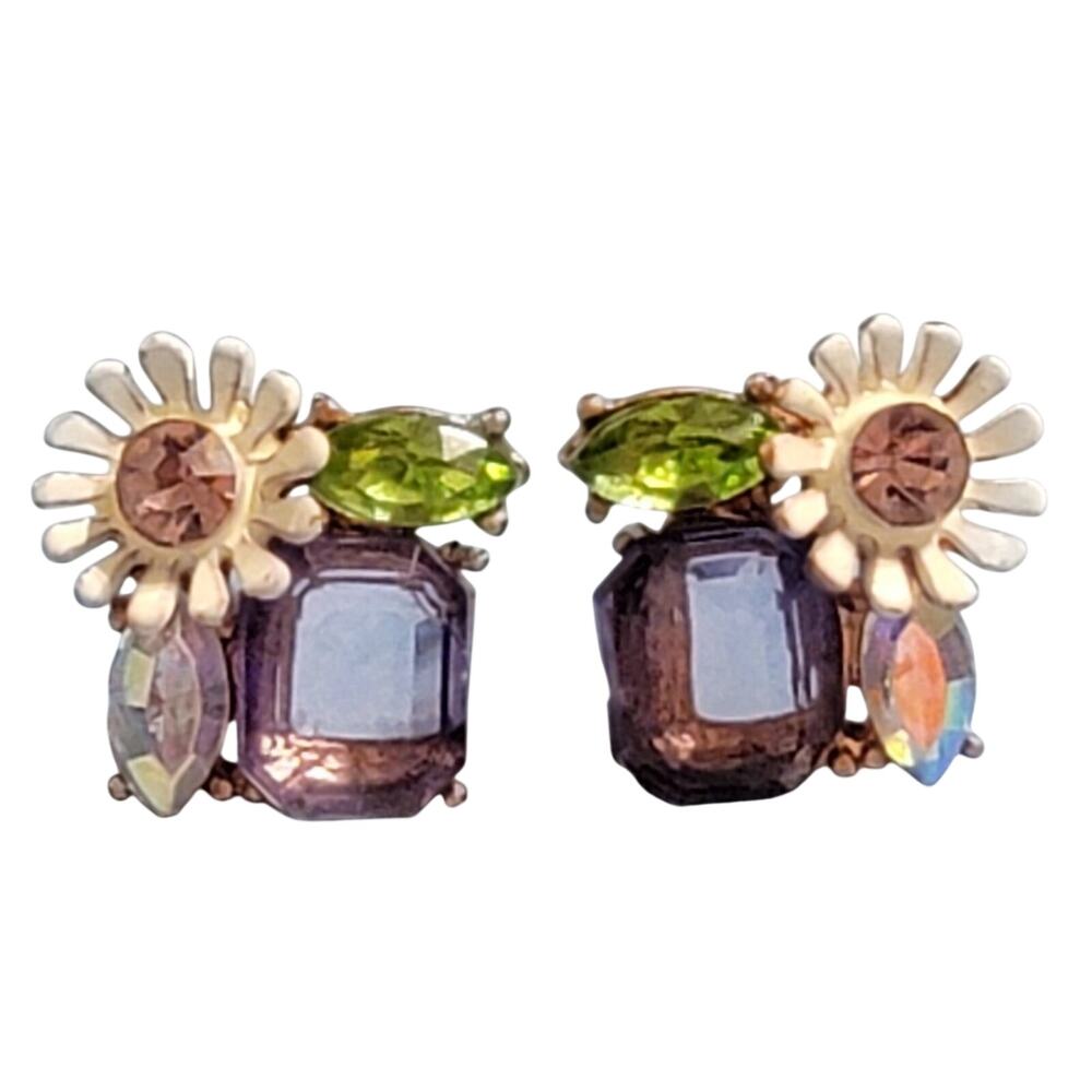 Vintage Flower Enamel Glass & Lucite Pierced Earrings Purple Green White bp-39
